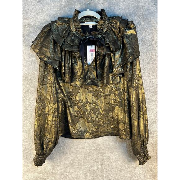 a loves a Tops - A Loves A Blouse Medium Black Gold Lace Ruffled Whimsigoth Coquette Glam NWT